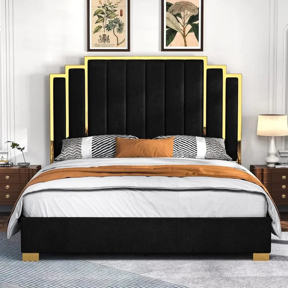 SHOWLU FASHION STORE King Size Platform Bed Frame, 65" Velvet Upholstered Bed with Gold Trim Headboard/Wooden Slats