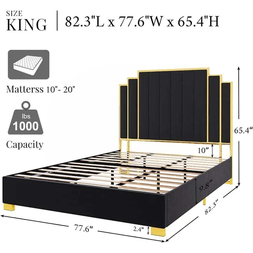 SHOWLU FASHION STORE King Size Platform Bed Frame, 65" Velvet Upholstered Bed with Gold Trim Headboard/Wooden Slats