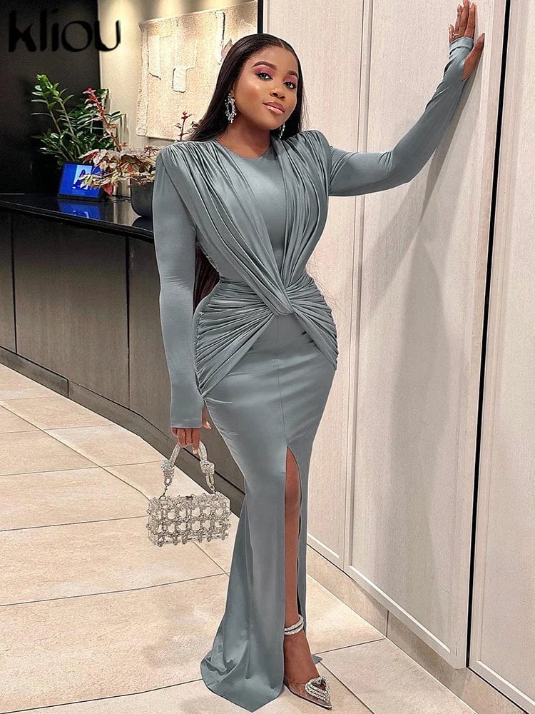 SHOWLU FASHION STORE kliou Elegant Solid Maxi Dress Women Classic Cross Ruched Long Sleeve Split Body-shaping Robe Female High Street Party Vestidos