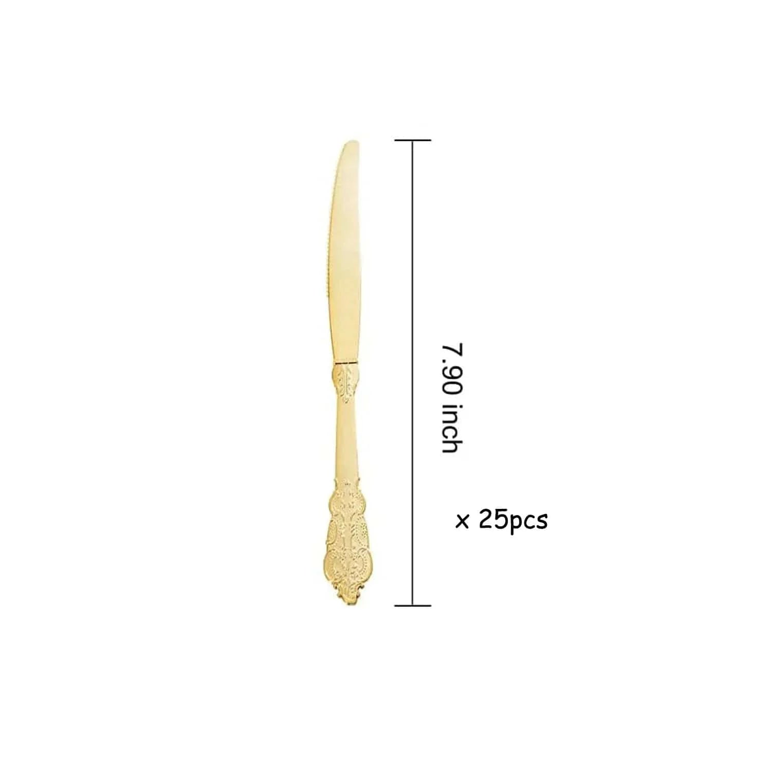 Showlu Gold-Plated Embossed PS Plastic Tableware Set with knives, forks, and spoons for parties, 120-piece disposable tableware set.