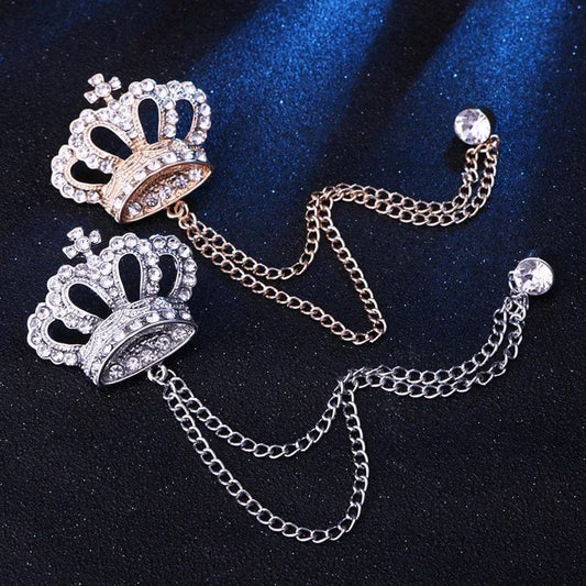 SHOWLU FASHION STORE Korean Luxury Rhinestone Crown Brooch Pin Tassel Lapel Pins Suit Shirt Collar Badge Corsage Brooches for Men Jewelry Accessories