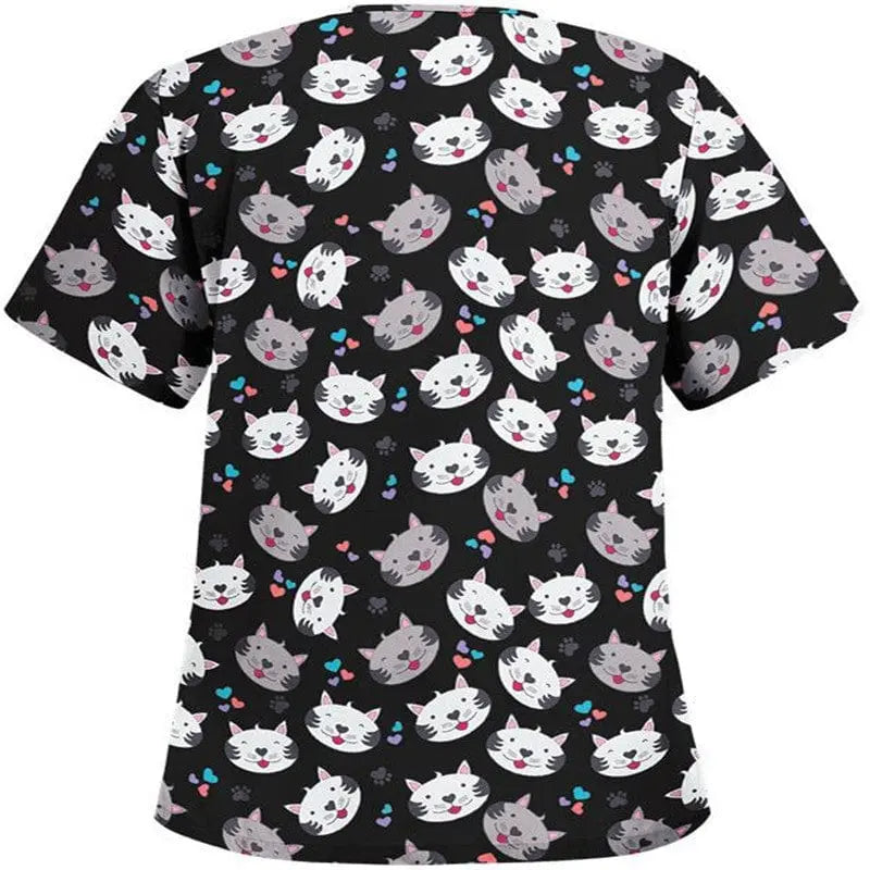 Showlu Fashion women's animal print nursing scrub top with colorful dog, koala, and cat prints in polyester-spandex fabric.