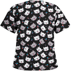 A black short-sleeved scrub top featuring a repeating pattern of white and grey cat faces.