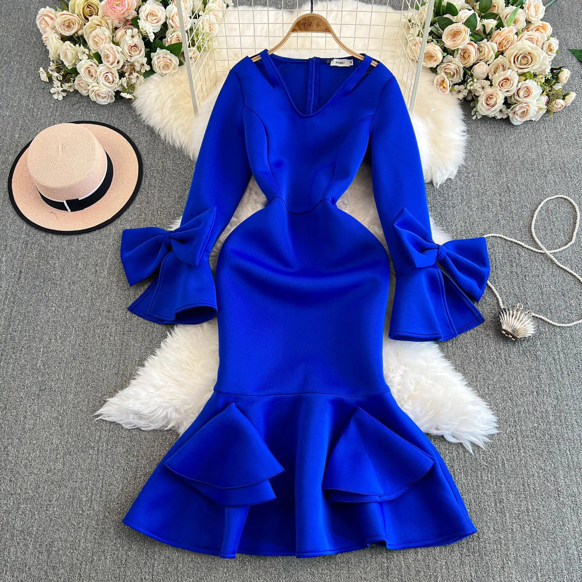 SHOWLU FASHION STORE L / Blue XFPV Women's Bow Long Sleeve Elegant High Waist Cinching Slim Ruffled Dress Vestidos Y2k Korean Fashion Tide Autumn 2024 SM11577