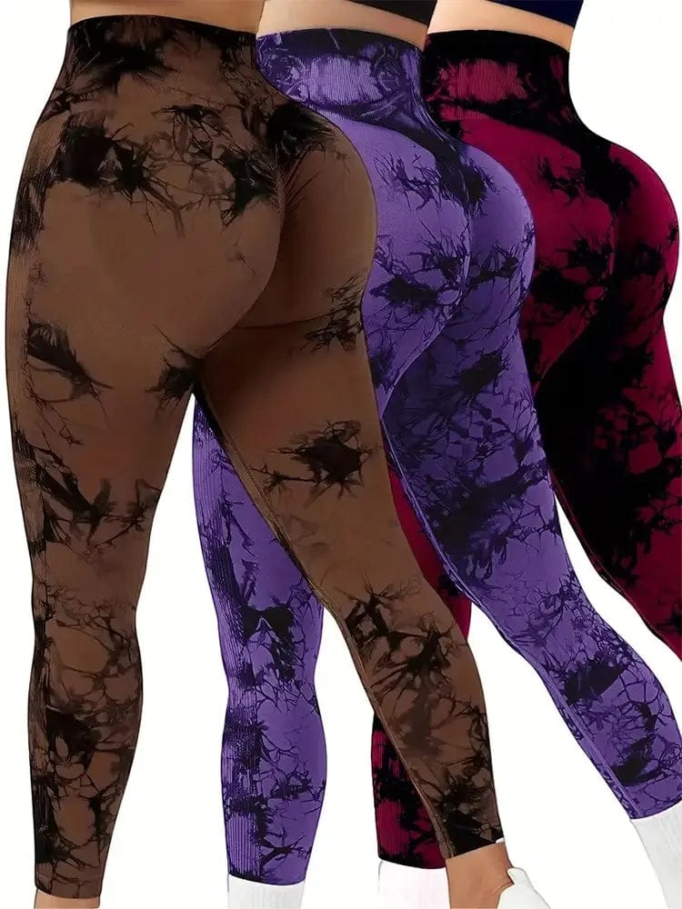  Showlu Fashion Store L / Brown purplish red Women's 3-Piece Tie-Dye Hip Lift Yoga Pants Exercise High-Waisted Pleated Fitness Pants