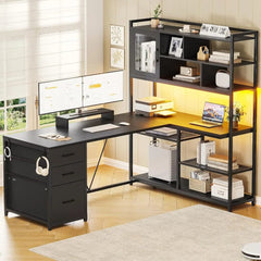 SHOWLU FASHION STORE L Shaped Computer Desk, 58'' Office Desk with 3 Drawers and Bookshelf, L Shaped Corner Desk with Storage Shelves and LED Light