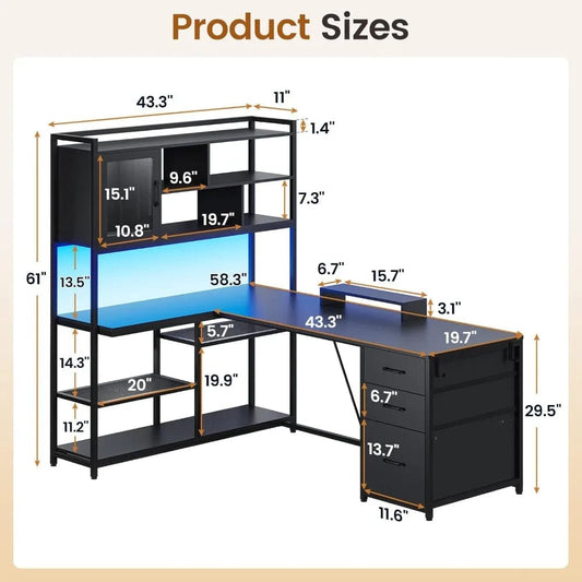 SHOWLU FASHION STORE L Shaped Computer Desk, 58'' Office Desk with 3 Drawers and Bookshelf, L Shaped Corner Desk with Storage Shelves and LED Light