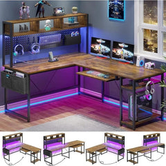 SHOWLU FASHION STORE L Shaped Computer Desk, Reversible Corner Desk with Power Outlet and Pegboard, Computer Desk with Led Lights, Keyboard Tray