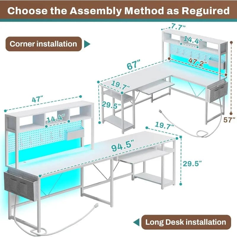 SHOWLU FASHION STORE L Shaped Computer Desk, Reversible Corner Desk with Power Outlet and Pegboard, Computer Desk with Led Lights, Keyboard Tray