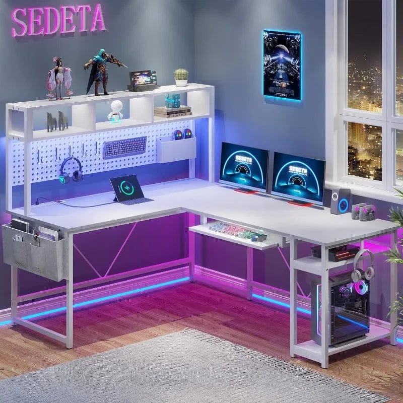 SHOWLU FASHION STORE L Shaped Computer Desk, Reversible Corner Desk with Power Outlet and Pegboard, Computer Desk with Led Lights, Keyboard Tray