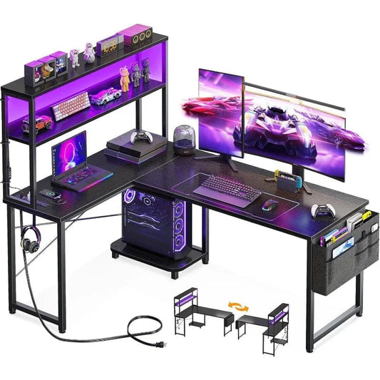 SHOWLU FASHION STORE L Shaped Desk Gaming Desk with LED Light & Power Outlet, 53 Inch Reversible L Shaped Computer Table  with Shelf, Corner Desk