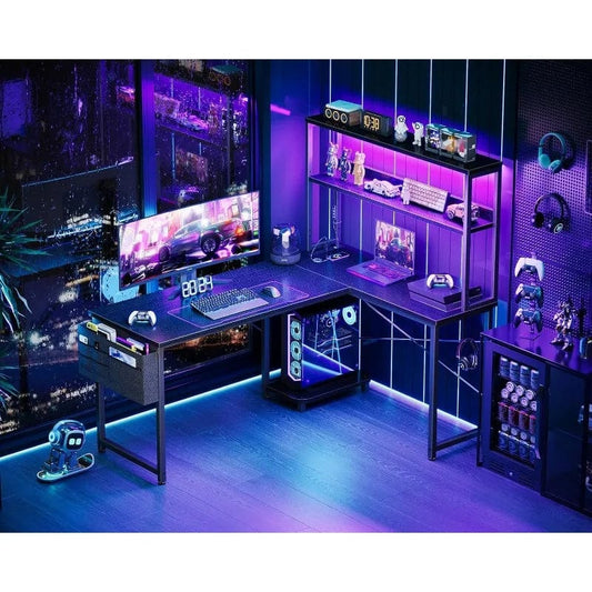 SHOWLU FASHION STORE L Shaped Desk Gaming Desk with LED Light & Power Outlet, 53 Inch Reversible L Shaped Computer Table  with Shelf, Corner Desk