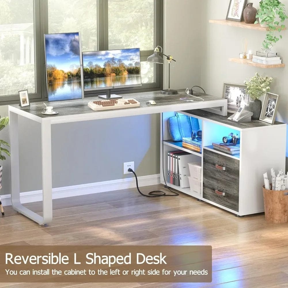 SHOWLU FASHION STORE L Shaped Desk with File Cabinet & Power Outlet, Reversible 55 Inch Large Corner Computer Desks with LED Strip