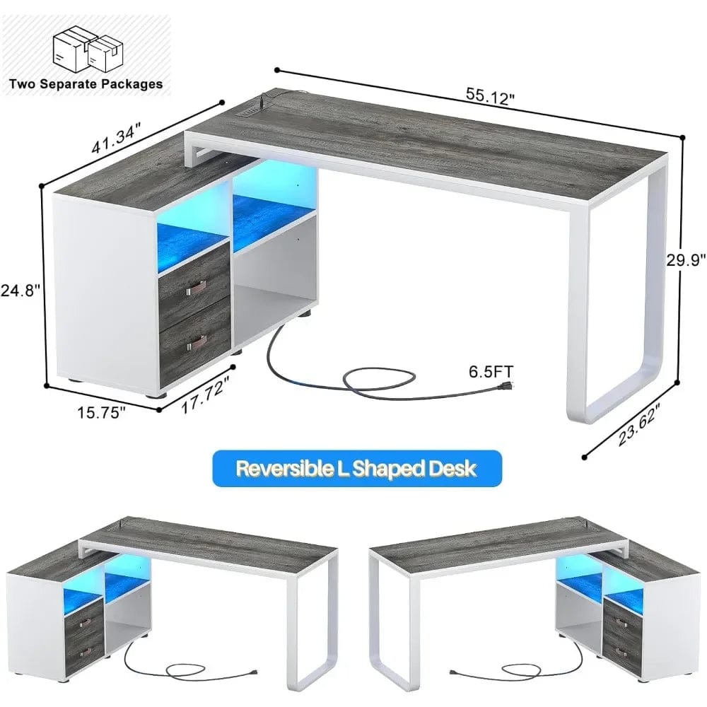 SHOWLU FASHION STORE L Shaped Desk with File Cabinet & Power Outlet, Reversible 55 Inch Large Corner Computer Desks with LED Strip