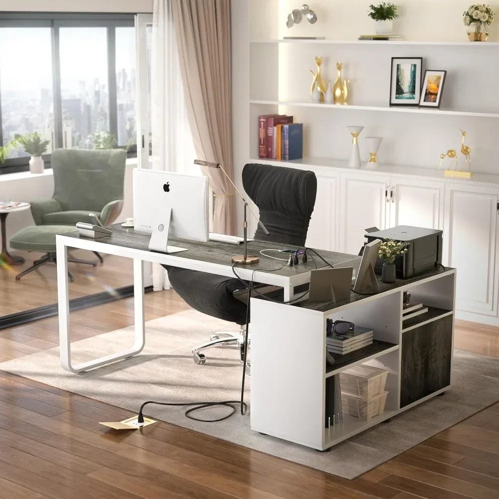 SHOWLU FASHION STORE L Shaped Desk with File Cabinet & Power Outlet, Reversible 55 Inch Large Corner Computer Desks with LED Strip