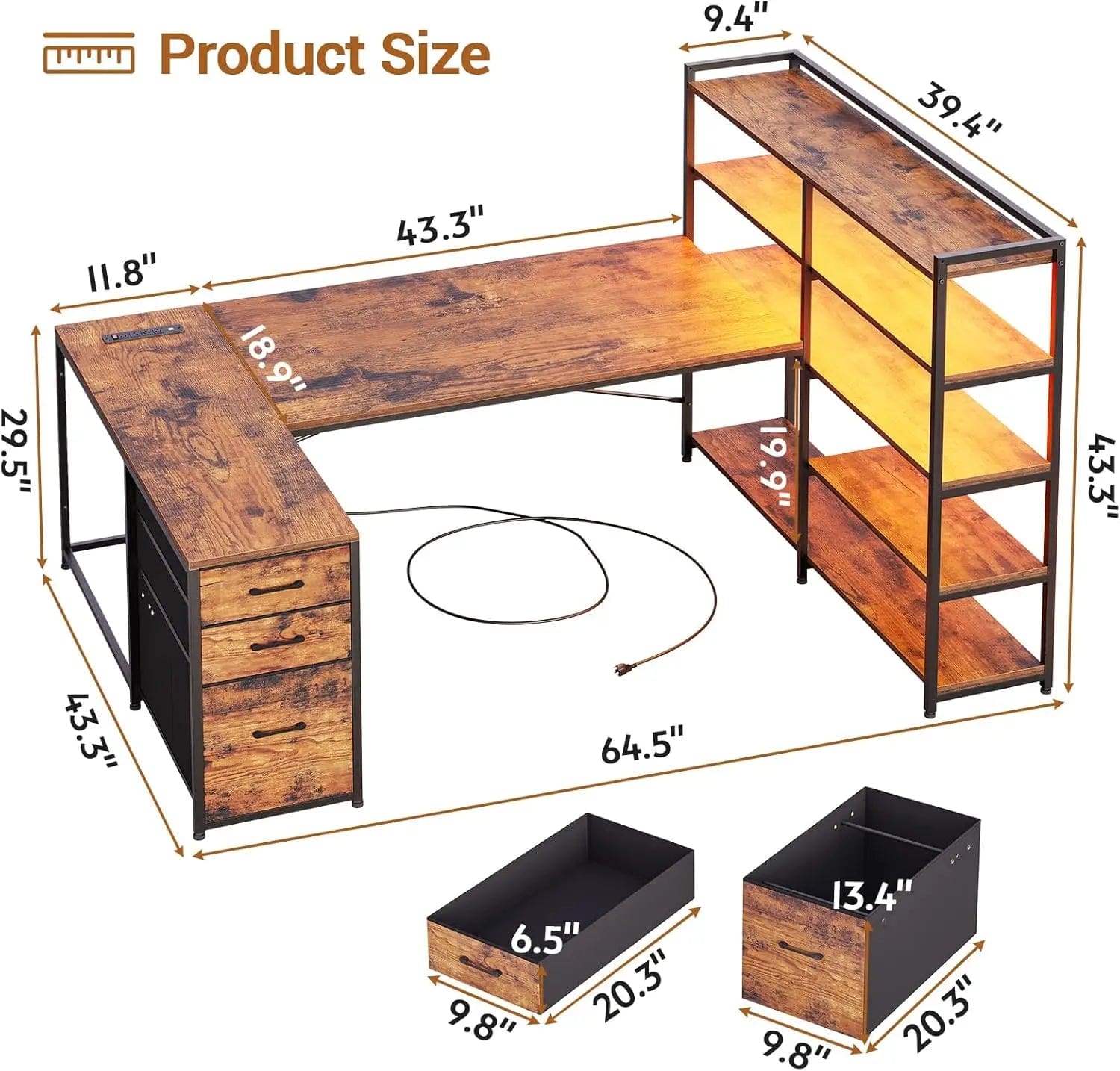 SHOWLU FASHION STORE L Shaped Desk with Storage Shelves, 64.5" Reversible U Shaped Office Desk with 3 Fabric Drawers