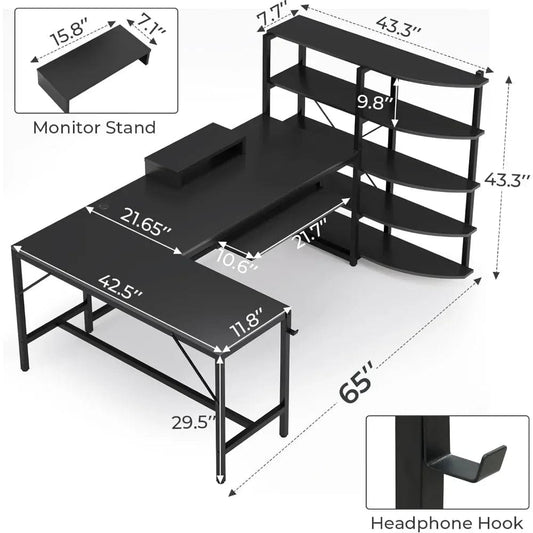 SHOWLU FASHION STORE L Shaped Gaming Desk, 65'' Corner Gaming Desk, Computer Desk with Storage Shelves, Keyboard Tray, Monitor Stand