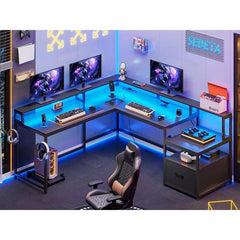 SHOWLU FASHION STORE L Shaped Gaming Desk, 66" Home Office Desk with File Drawer & Power Outlet, Corner Gaming Computer Desk with Led Light