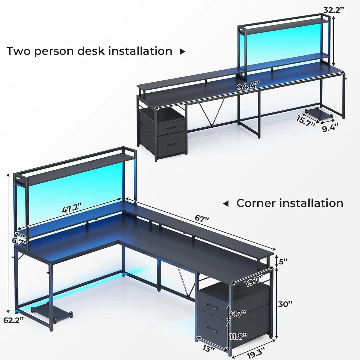 SHOWLU FASHION STORE L Shaped Gaming Desk, 94.4" Home Office Desk with File Drawer and Monitor Shelf, Corner Gaming Computer Desk with Hutch