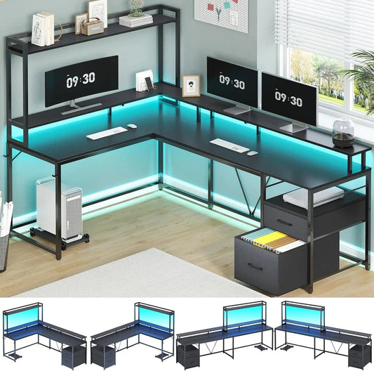 SHOWLU FASHION STORE L Shaped Gaming Desk, 94.4" Home Office Desk with File Drawer and Monitor Shelf, Corner Gaming Computer Desk with Hutch