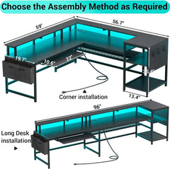 SHOWLU FASHION STORE L Shaped Gaming Desk Reversible Computer Desk Gaming Desk with Power Outlets & LED Strip Monitor Shelf Keyboard Tray