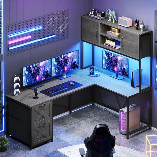 SHOWLU FASHION STORE L Shaped Gaming Desk, Reversible Computer Desk with Fabric Drawers and Power Outlet, with Led Lights, Hutch and Storage Shelf