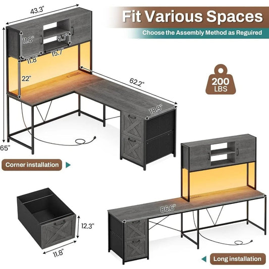 SHOWLU FASHION STORE L Shaped Gaming Desk, Reversible Computer Desk with Fabric Drawers and Power Outlet, with Led Lights, Hutch and Storage Shelf