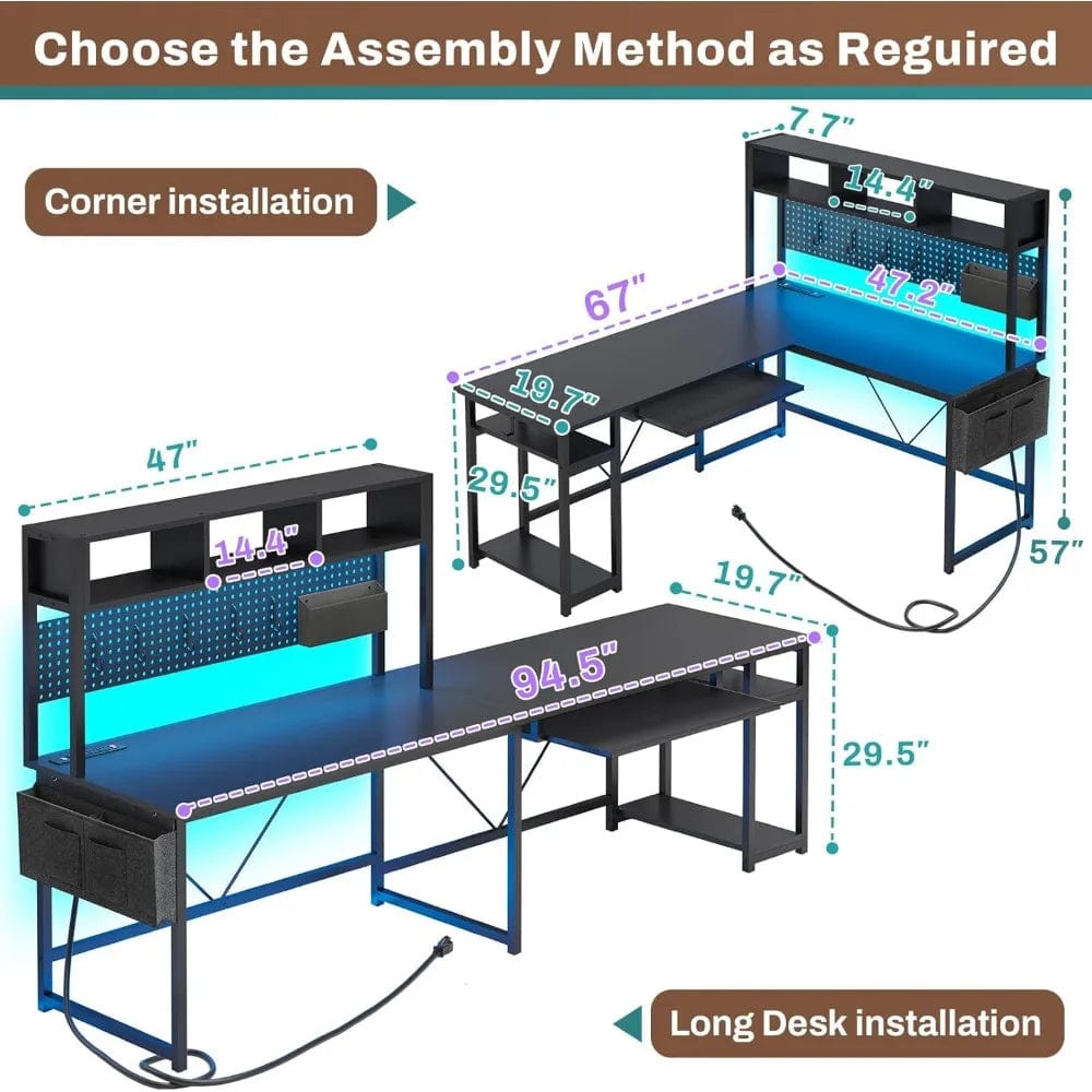 SHOWLU FASHION STORE L Shaped Gaming Desk, Reversible Computer Desk with Power Outlet and Pegboard, Gaming Desk with Led Lights, Keyboard Tray