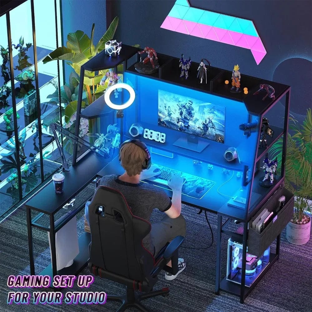 SHOWLU FASHION STORE L Shaped Gaming Desk with Hutch & Shelves 47'' Gaming Computer Desk with LED Lights & Power Strips Reversible PC Gaming Desk