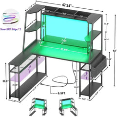 SHOWLU FASHION STORE L Shaped Gaming Desk with Hutch & Shelves 47'' Gaming Computer Desk with LED Lights & Power Strips Reversible PC Gaming Desk