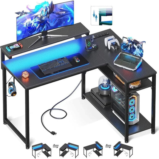 SHOWLU FASHION STORE L Shaped Gaming Desk with Power Outlet, Reversible Gaming Desk with Height Adjustable Monitor Stand, Gaming Computer