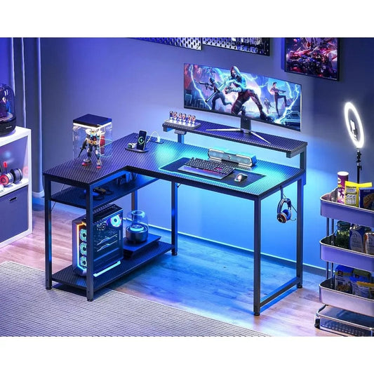 SHOWLU FASHION STORE L Shaped Gaming Desk with Power Outlet, Reversible Gaming Desk with Height Adjustable Monitor Stand, Gaming Computer