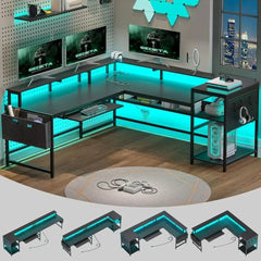 SHOWLU FASHION STORE L-shaped Gaming Table, Foldable Computer Table, Gaming Table with Power Outlet and LED Strip, Monitor Rack, Keyboard Tray Black