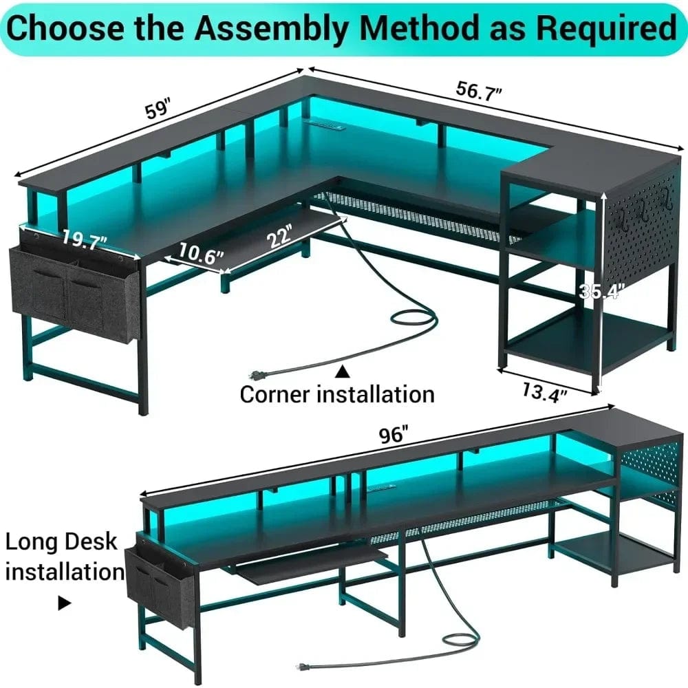 SHOWLU FASHION STORE L-shaped Gaming Table, Foldable Computer Table, Gaming Table with Power Outlet and LED Strip, Monitor Rack, Keyboard Tray Black