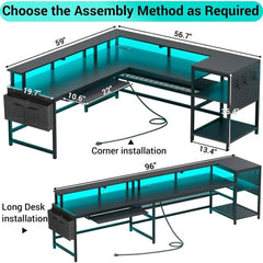 SHOWLU FASHION STORE L-shaped Gaming Table, Foldable Computer Table, Gaming Table with Power Outlet and LED Strip, Monitor Rack, Keyboard Tray Black