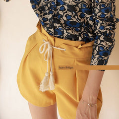  Showlu Fashion Store L / Turmeric Shorts Retro Minority Silk Cotton 22-Year Shirt with Floral Print