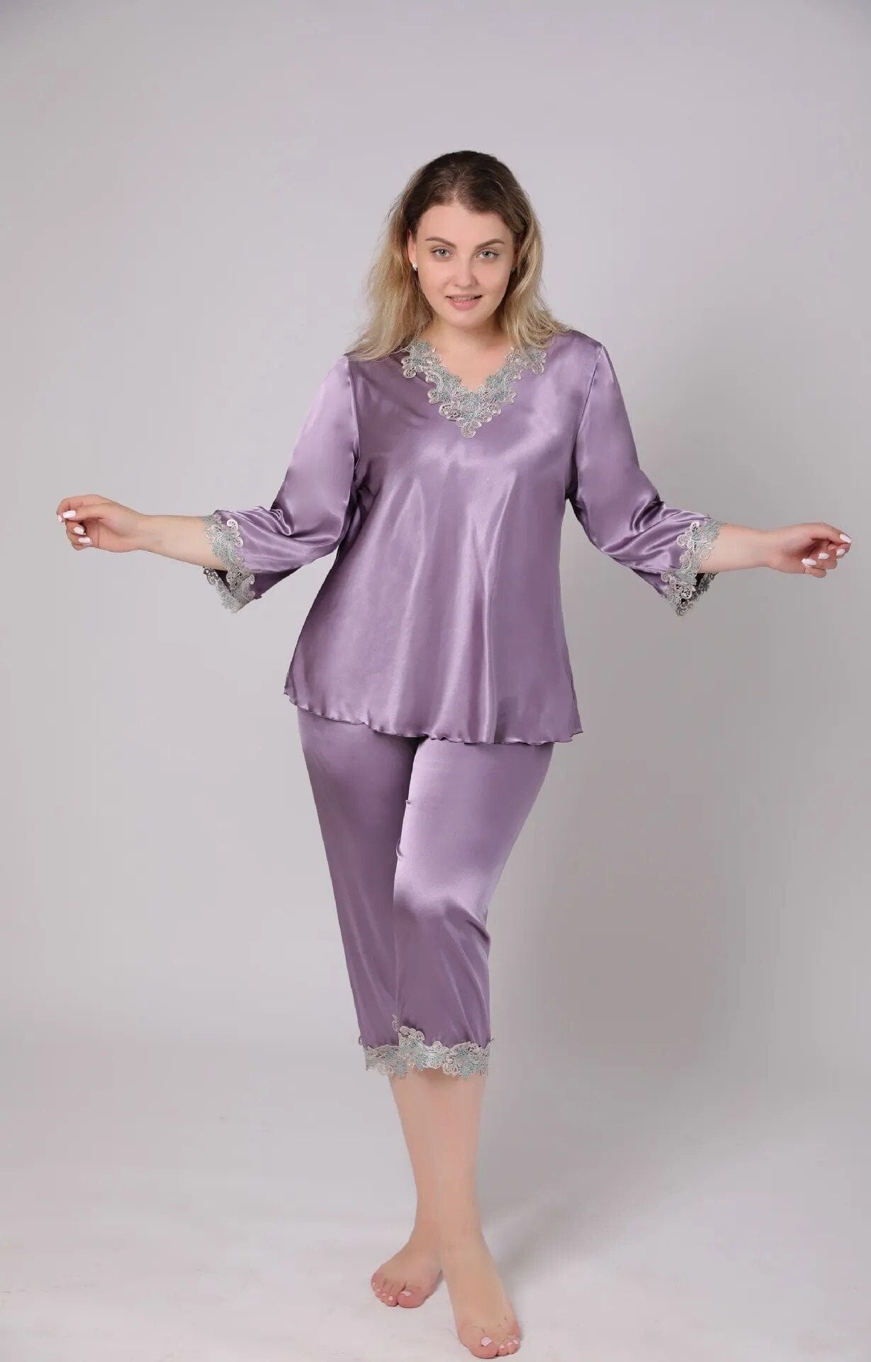  Showlu Fashion Store Large Size 3/4 Long Sleeve 2PCS Lady Satin Pajamas Set Sexy Lace Flower Sleep Suit Lounge Sleepwear XL-6XL Lingerie Home Clothes