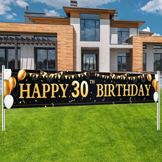  Showlu Fashion Store Large Size Black Gold Happy Birthday Banner 210X50cm Party Decoration 30 40 50 60 70 80 Years Birthday Background Banner Hanging