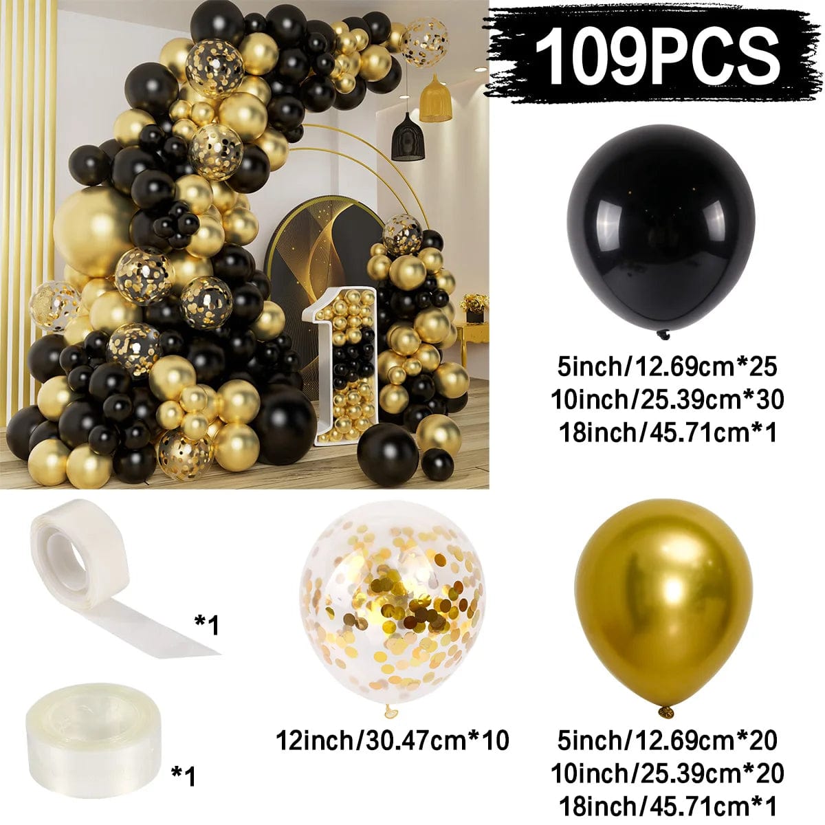 Showlu Fashion Store Laser / AS SHOWN Black Gold Balloon Garland Arch Kit Latex Confetti Balloon Happy 30 40 50th Years Old Birthday Party Decor Birthday Anniversary