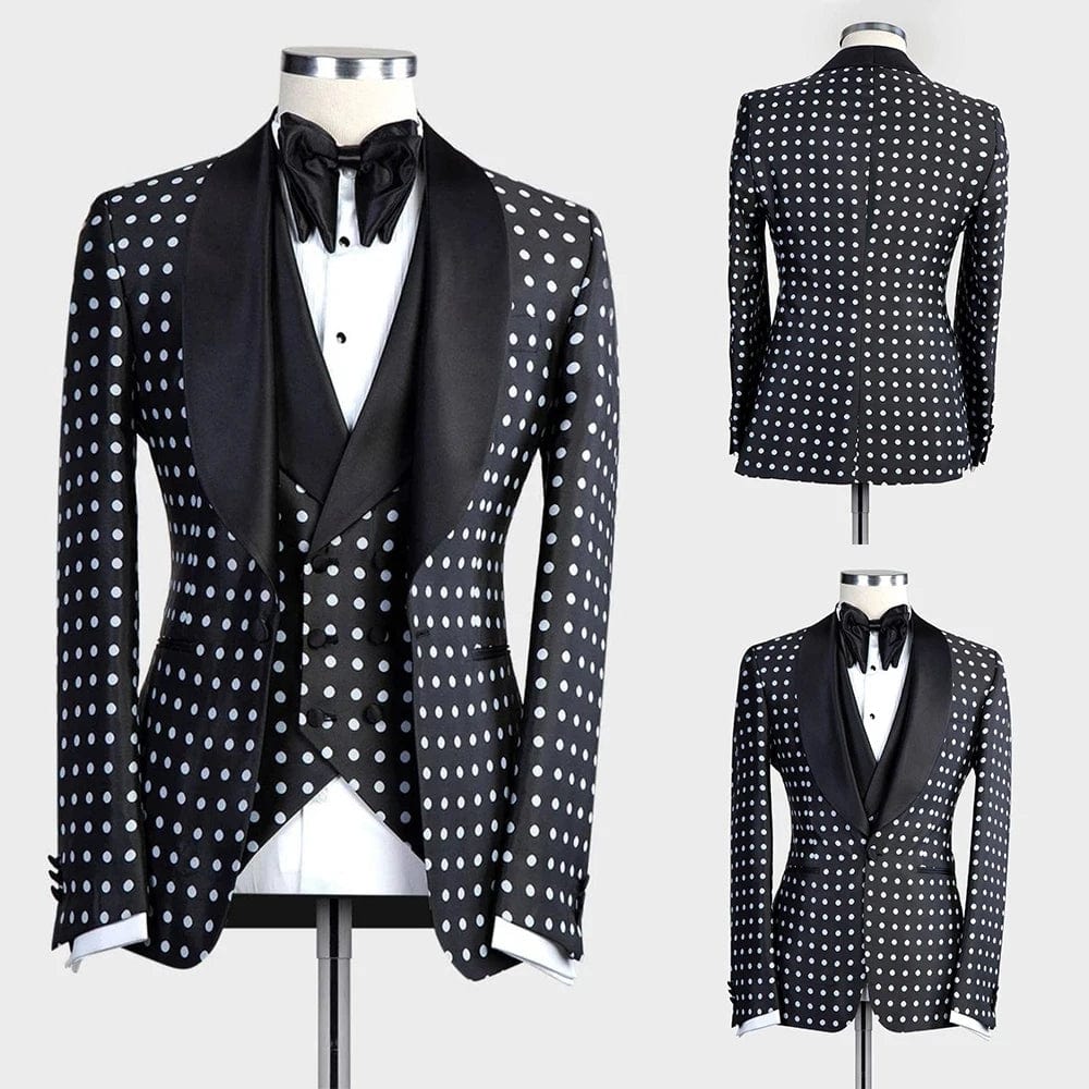 SHOWLU FASHION STORE Latest Design Black White Dots Mens Suits For Wedding Shawl Lapel Groom Tuxedos Slim Fit Terno Masculino Prom Party 3 Pieces Set