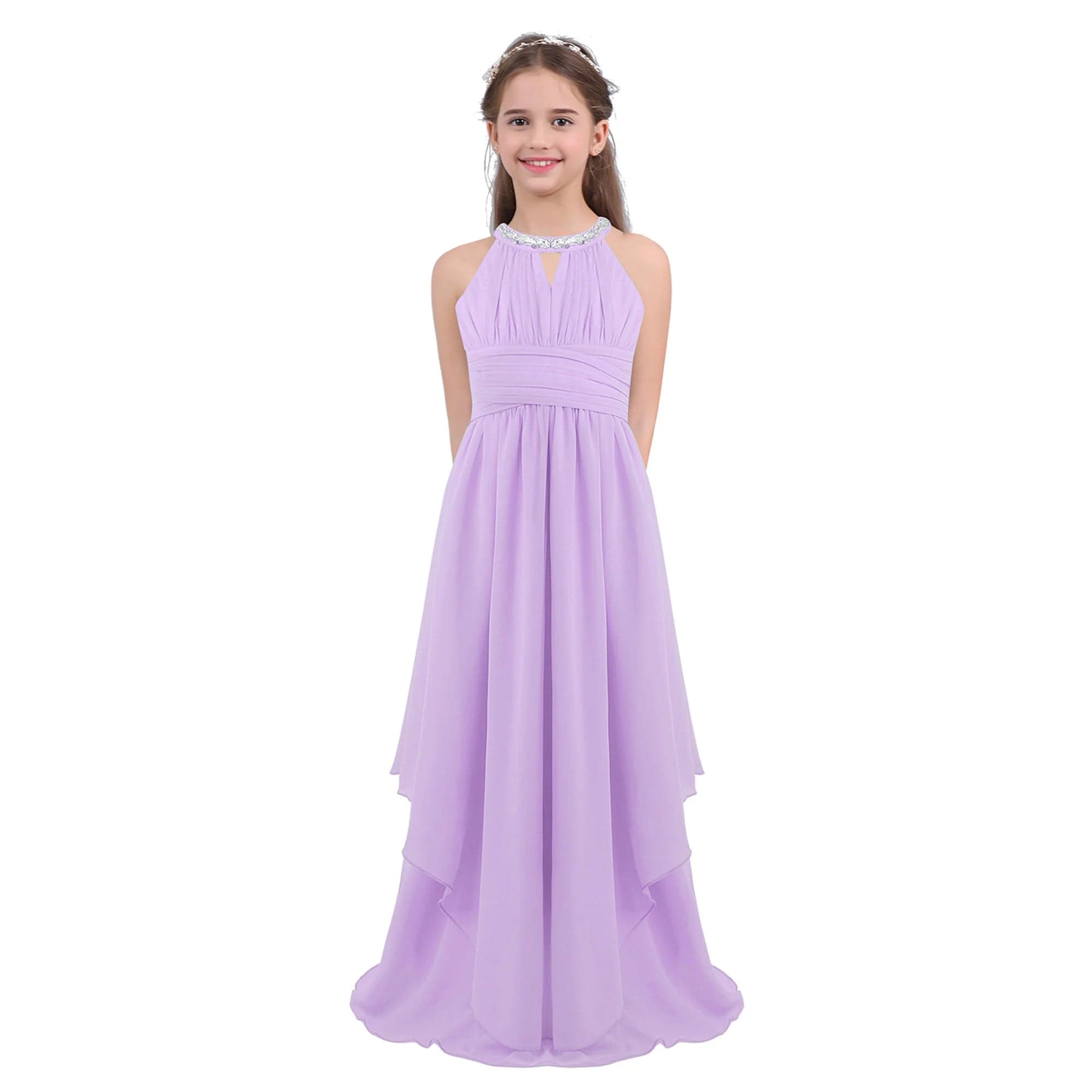 SHOWLU FASHION STORE Lavender / 8 Chiffon Flower Girls Dress Floor-Length Sleeveless Wedding Party Dress Sequined Halter Flower Girl Dress Princess Pageant Dress