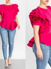 SHOWLU FASHION STORE Layers Petal Sleeves Women Blouse Tops Shirt Elegant Fashion Spring Summer Rose Red Blue Black White Bluas Ruffles Classy Lady