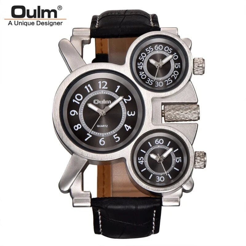  Showlu Fashion Store Leather Band-Black Oulm Mesh Steel Men's Watch 3 Color 3 Time Zone Unique Creative Male Quartz Watches Casual Sports Men Wristwatch reloj hombre