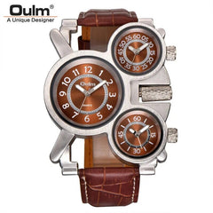  Showlu Fashion Store Leather Band-Brown Oulm Mesh Steel Men's Watch 3 Color 3 Time Zone Unique Creative Male Quartz Watches Casual Sports Men Wristwatch reloj hombre