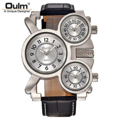  Showlu Fashion Store Leather Band-White Oulm Mesh Steel Men's Watch 3 Color 3 Time Zone Unique Creative Male Quartz Watches Casual Sports Men Wristwatch reloj hombre