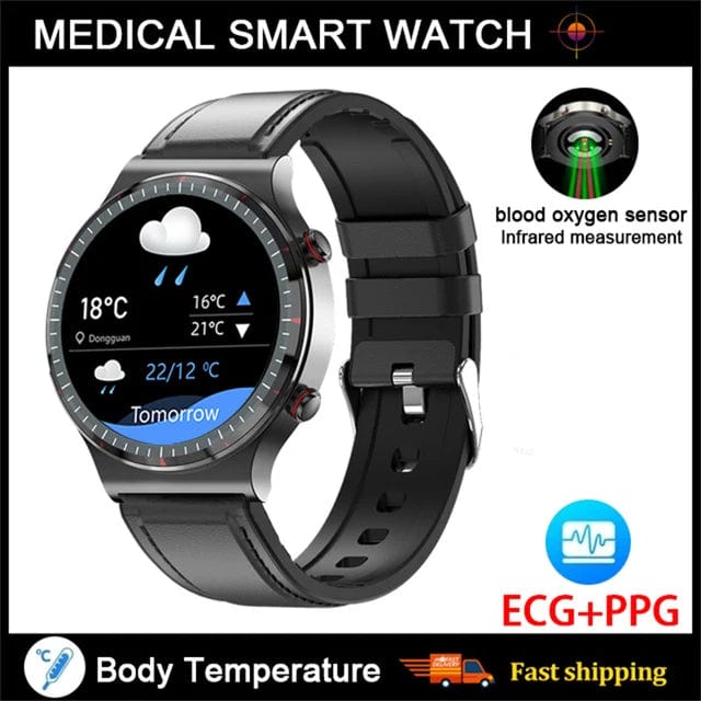 Showlu Fashion Store leather Black Accurate Measure ECG+PPG Smart Watch Men Healthy Monitoring Blood Pressure Body Temperature Sport Smartwatch For Android IOS