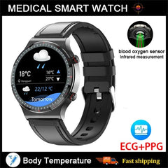 Showlu Fashion Store leather Black Accurate Measure ECG+PPG Smart Watch Men Healthy Monitoring Blood Pressure Body Temperature Sport Smartwatch For Android IOS