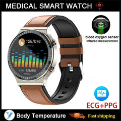 Showlu Fashion Store leather brown Accurate Measure ECG+PPG Smart Watch Men Healthy Monitoring Blood Pressure Body Temperature Sport Smartwatch For Android IOS