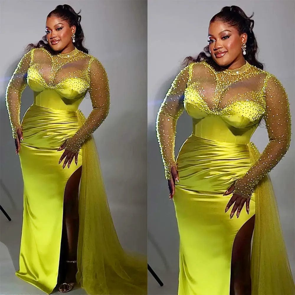 SHOWLU FASHION STORE Lemon Green Prom Dresses Sparkly Beaded Sheer Long Sleeves Evening Gowns Plus Size African Formal Dress Sexy Slit Party Dress