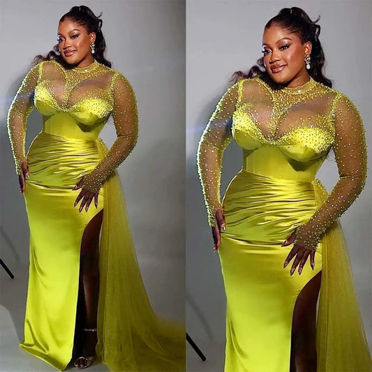 SHOWLU FASHION STORE Lemon Green Prom Dresses Sparkly Beaded Sheer Long Sleeves Evening Gowns Plus Size African Formal Dress Sexy Slit Party Dress